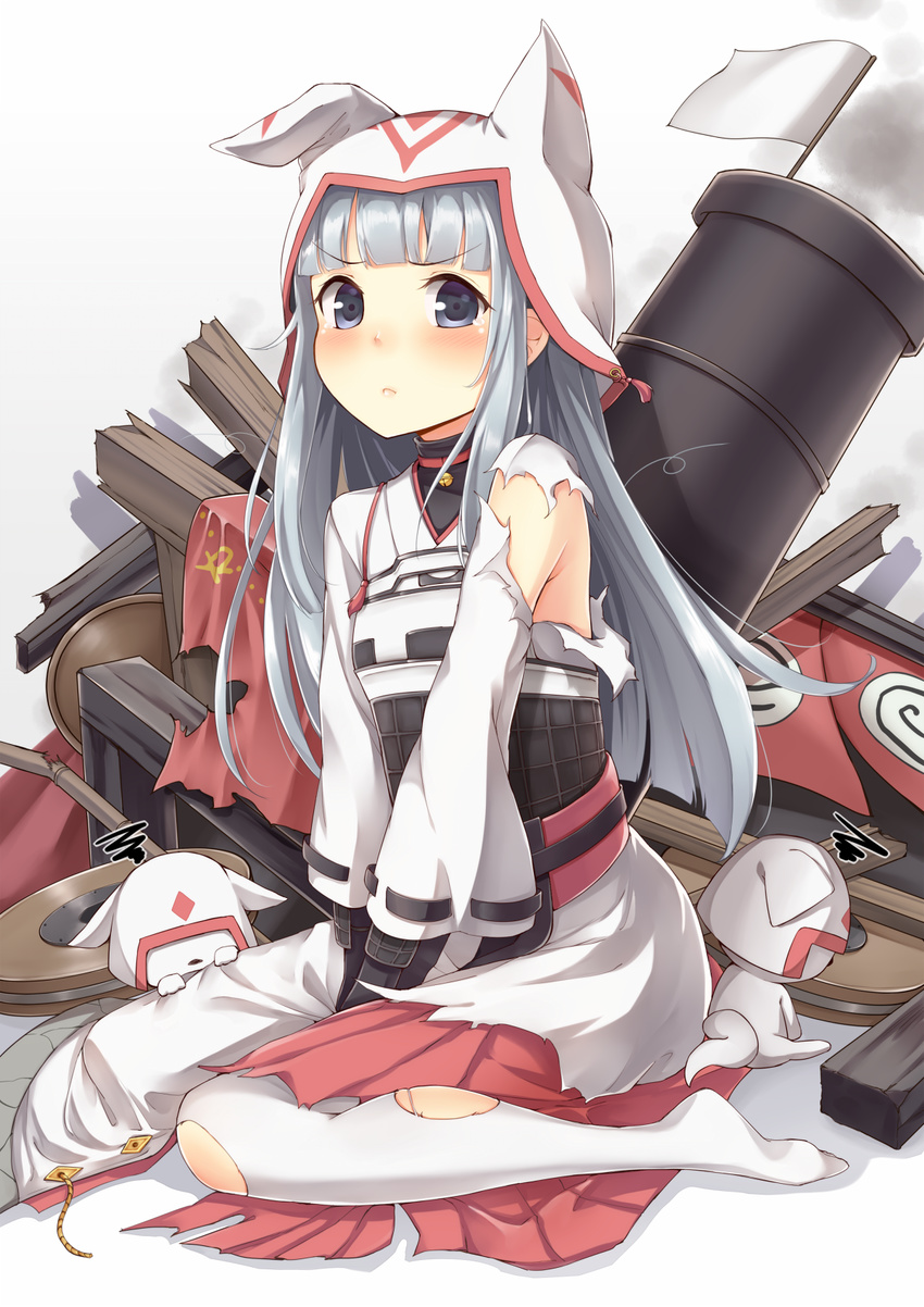 blush cannon commentary dabadhi flag grey_eyes hat highres inuyama_(oshiro_project) looking_at_viewer oshiro_project oshiro_project_re silver_hair sitting solo thighhighs torn_clothes torn_legwear white_background white_flag