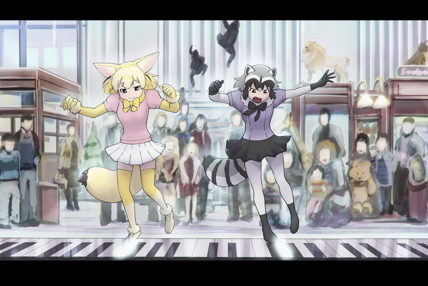 :3 animal_ears audience big_(movie) black_hair blonde_hair bow bowtie chromatic_aberration commentary common_raccoon_(kemono_friends) fennec_(kemono_friends) fox_ears fox_tail gloves kemono_friends movie_reference multicolored_hair multiple_girls older open_mouth parody piano_keys puffy_short_sleeves puffy_sleeves raccoon_ears raccoon_tail short_hair short_sleeves skirt smile standing standing_on_one_leg tail thighhighs ueyama_michirou