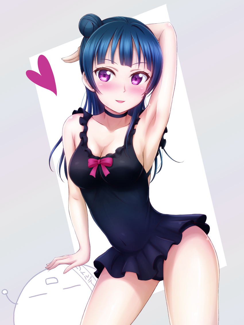 arm_behind_head arm_up armpits bangs black_choker black_swimsuit blue_hair blunt_bangs blush bow breasts casual_one-piece_swimsuit choker ckst cleavage contrapposto covered_navel cowboy_shot di_gi_charat frilled_swimsuit frills gema grey_background hair_bun heart highres long_hair looking_at_viewer love_live! love_live!_sunshine!! md5_mismatch medium_breasts one-piece_swimsuit parted_lips pink_bow purple_eyes side_bun smile solo standing swimsuit tsushima_yoshiko