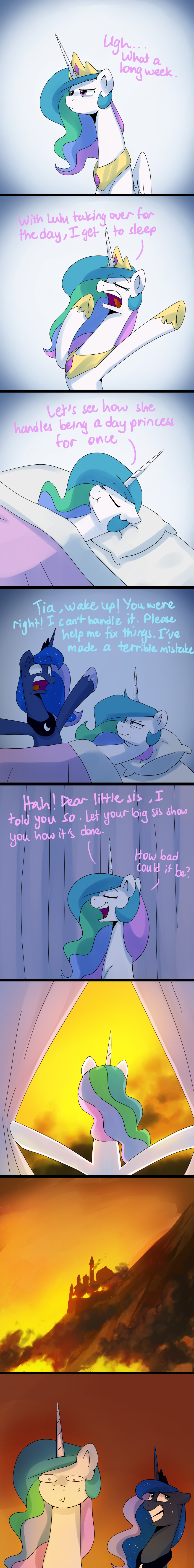 2017 absurd_res anticularpony apocalypse bed blue_hair canterlot comic crown duo english_text equine female feral fire friendship_is_magic hair hi_res horn jewelry mammal multicolored_hair my_little_pony pillow princess_celestia_(mlp) princess_luna_(mlp) sibling sisters sleeping text unicorn winged_unicorn wings