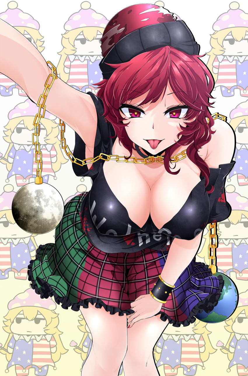 american_flag_dress bare_shoulders black_shirt breasts chain chibi chibi_inset cleavage clothes_writing clownpiece collar come_hither earth_(ornament) hat hecatia_lapislazuli highres jester_cap jitome large_breasts looking_at_viewer miniskirt moon_(ornament) multicolored multicolored_clothes multicolored_skirt nail_polish neck_ruff pantyhose patterned_background polka_dot polos_crown poop_on_a_stick red_eyes red_hair red_nails rihito_(usazukin) shirt short_sleeves skirt star star-shaped_pupils symbol-shaped_pupils t-shirt tongue tongue_out touhou tsurime wrist_cuffs