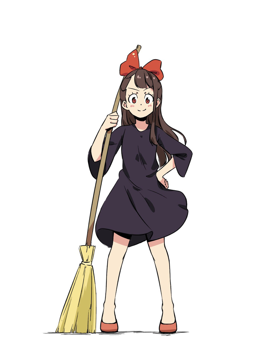 blush bow broom brown_hair cosplay dress full_body hair_bow highres kagari_atsuko kiki kiki_(cosplay) little_witch_academia looking_at_viewer majo_no_takkyuubin red_bow red_eyes seren_lwa sidelocks smile solo trait_connection witch