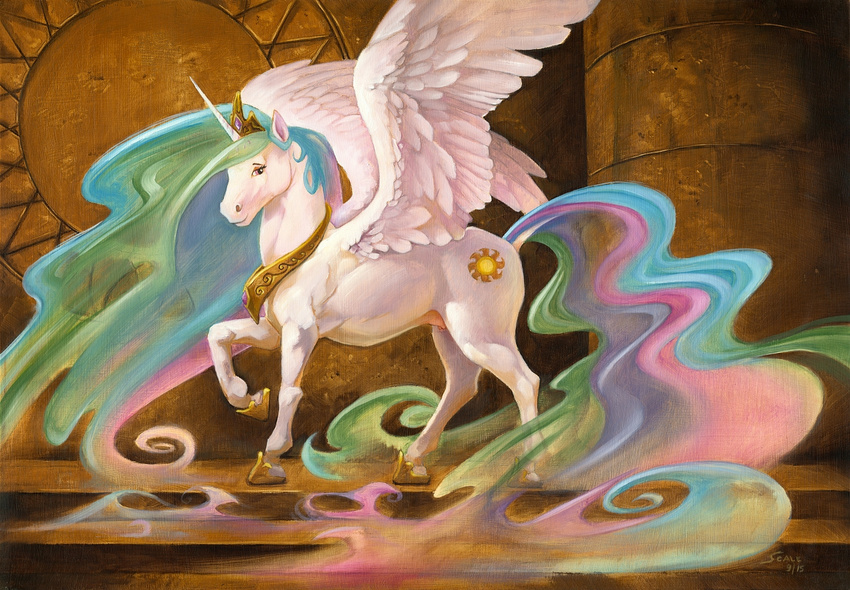 2015 crown cutie_mark detailed_background equine feathered_wings feathers female feral feralized friendship_is_magic fur hair horn looking_back mammal mane multicolored_hair my_little_pony nipples nude princess_celestia_(mlp) realistic scale_(artist) shaded smile solo standing teats traditional_media_(artwork) white_feathers white_fur winged_unicorn wings