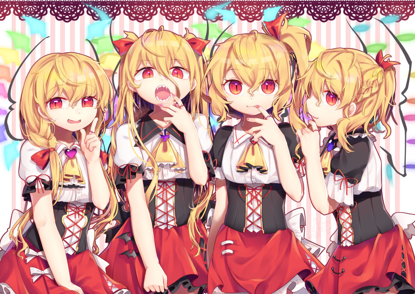 4girls absurdres alternate_costume alternate_hairstyle ascot bangs blonde_hair braid brooch commentary_request corset cowboy_shot cross eyebrows_visible_through_hair fang_out fangs fingernails flandre_scarlet four_of_a_kind_(touhou) gunjou_row hair_between_eyes hair_ribbon half_updo hand_up heart highres index_finger_raised jewelry lace_trim long_hair looking_at_viewer low_twintails miniskirt multiple_girls multiple_persona nail_polish no_hat no_headwear open_mouth parted_lips petticoat pink_background pink_nails puffy_short_sleeves puffy_sleeves red_eyes red_ribbon red_skirt ribbon sharp_fingernails sharp_teeth shirt short_sleeves side_ponytail skirt slit_pupils smile standing striped striped_background teeth touhou twintails two_side_up vertical-striped_background vertical_stripes very_long_hair white_background white_shirt yellow_neckwear