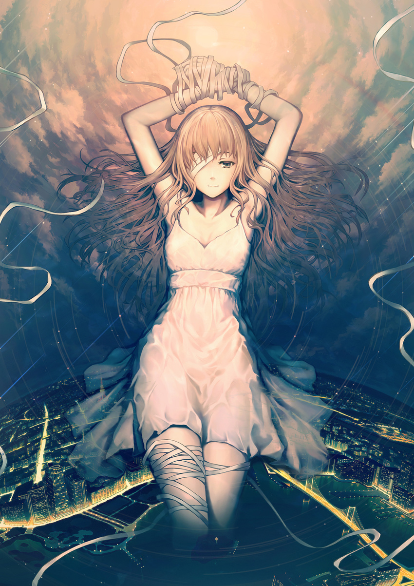 afloat arms_up bandage_over_one_eye bandaged_arm bandaged_head bandaged_leg bandages bangs bare_arms bound bound_wrists breasts bridge brown_eyes brown_hair city city_lights closed_mouth cloud commentary dress expressionless fading hair_spread_out highres light_smile long_hair looking_at_viewer night night_sky one_eye_covered original short_dress sky sleeveless sleeveless_dress small_breasts solo star_(sky) star_trail sundress surreal suspension_bridge wet wet_clothes white_dress yumemizuki