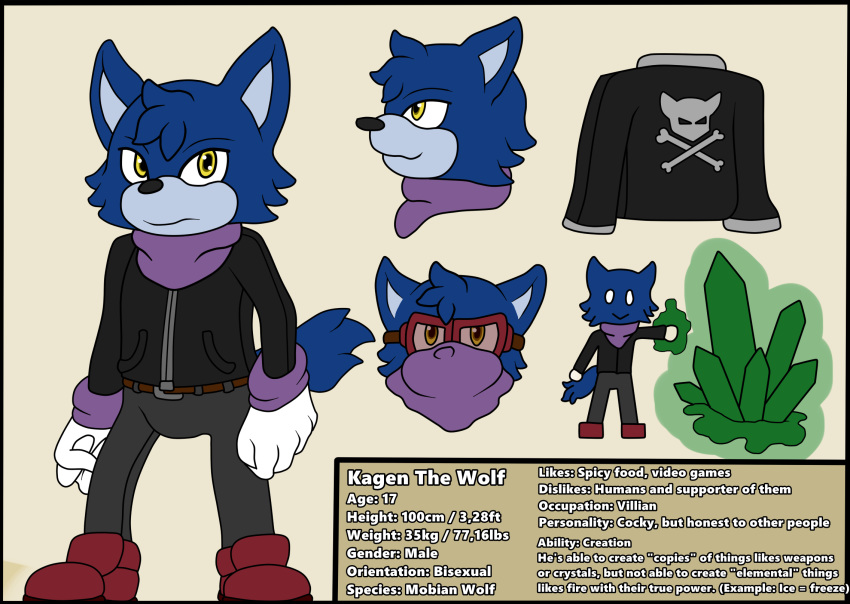 bandanna canid canine canis clothing fan_character flatcolor footwear gloves jacket kagen_the_wolf male mammal model_sheet pants safety_goggles shoes sonic_(series) text wildwolfproduction wolf