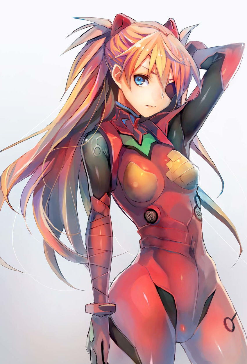 arm_at_side arm_up bangs blue_eyes bodysuit bracer breasts closed_mouth covered_nipples cowboy_shot evangelion:_3.0_you_can_(not)_redo expressionless eyepatch from_side gloves gradient gradient_background grey_background hair_between_eyes hand_behind_head headgear highres hips legs_apart long_hair looking_at_viewer medium_breasts neon_genesis_evangelion orange_hair pilot_suit plugsuit rebuild_of_evangelion red_bodysuit revision shikinami_asuka_langley shiny shiny_clothes skin_tight slender_waist solo souryuu_asuka_langley standing taishi_(picchiridou) tape turtleneck two_side_up very_long_hair white_background