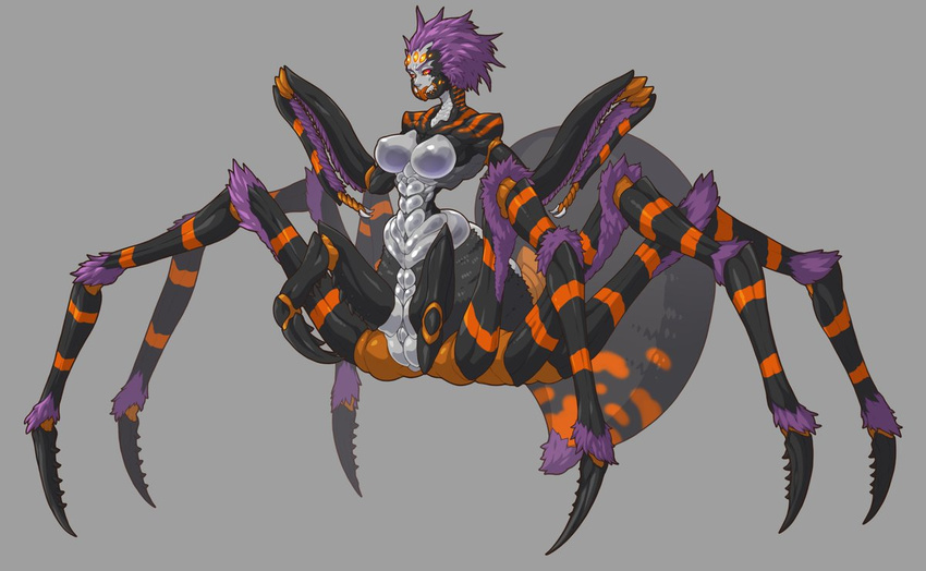 6_legs abdomen abs arachnid arthropod black_exoskeleton breasts exoskeleton female fur grey_exoskeleton hair hutago multi_lumb multicolored_exoskeleton muscular non-mammal_breasts orange_exoskeleton pink_sclera purple_hair spider spidertaur stripes taur yellow_eyes