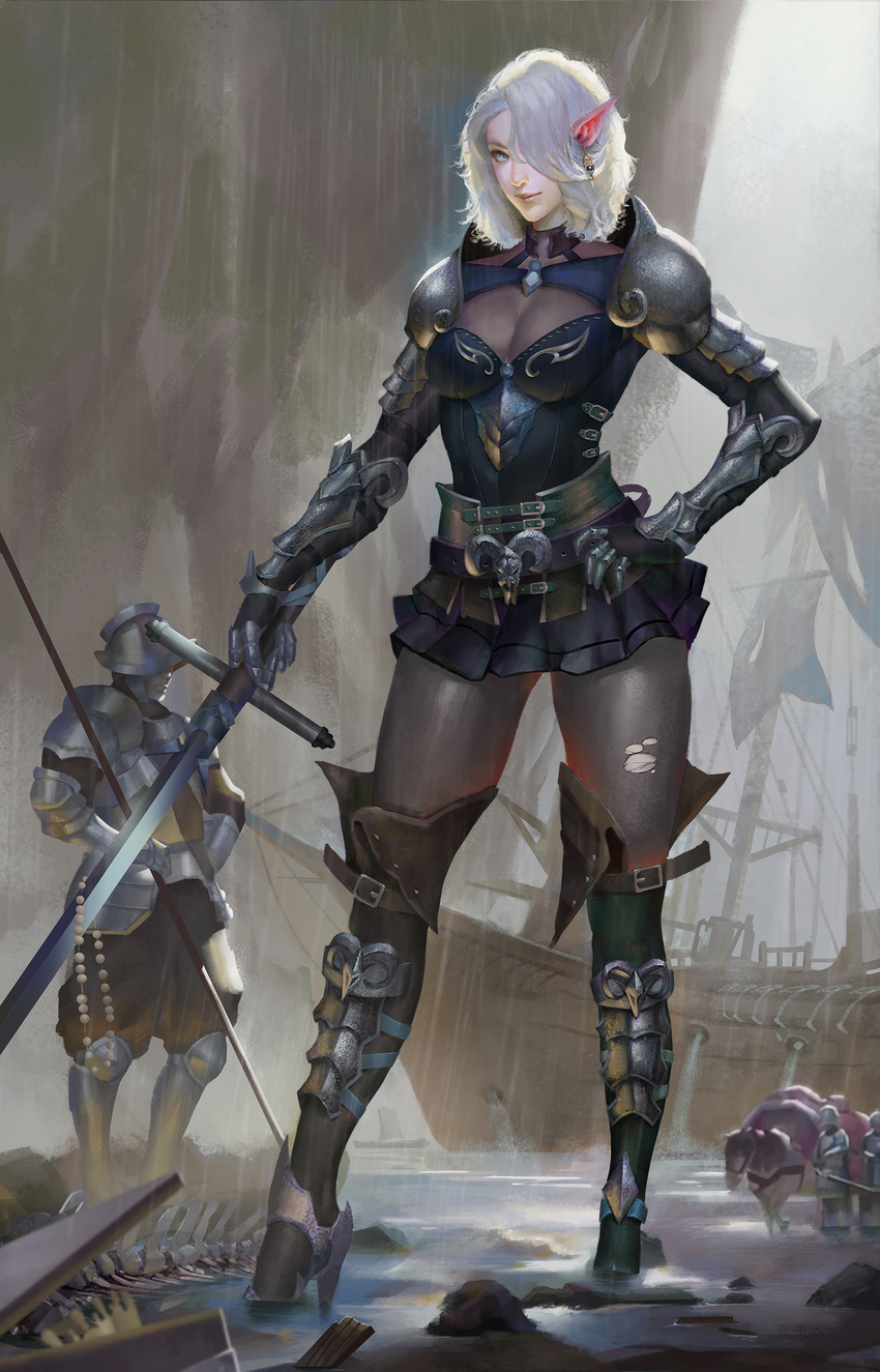 3boys armor ass_visible_through_thighs belt blue_eyes bodysuit breasts cleavage cleavage_cutout contrapposto elf full_body giantess hand_on_hip helmet high_heels highres horse looking_at_viewer magician_(china) md5_mismatch medium_breasts medium_hair multiple_boys original pale_skin pauldrons pointy_ears rain sails ship shoulder_armor skin_tight smile spaulders spine standing sword torn_bodysuit torn_clothes vambraces watercraft weapon white_hair