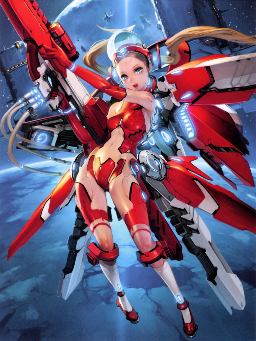 absurdres aqua_eyes blonde_hair breasts brown_hair cable floating_hair full_body gun headgear highres holding holding_gun holding_weapon lights long_hair looking_at_viewer mecha_musume mechanical_wings medium_breasts navel open_mouth original outstretched_arm planet smile solo space space_craft star_(sky) stomach takayama_toshiaki twintails weapon wings