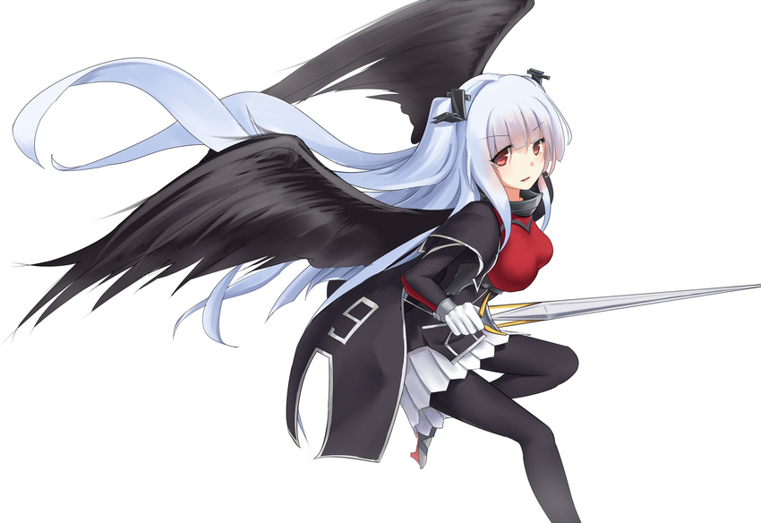 black_cape black_legwear black_wings blue_hair breasts cape cuffs essex_(zhan_jian_shao_nyu) eyebrows_visible_through_hair feathered_wings floating_hair gloves hair_ornament handcuffs highres holding holding_sword holding_weapon large_breasts leg_up long_hair looking_at_viewer pantyhose pleated_skirt radish_(artist) red_eyes skirt solo spread_wings sword very_long_hair weapon white_background white_gloves white_skirt wings zhan_jian_shao_nyu