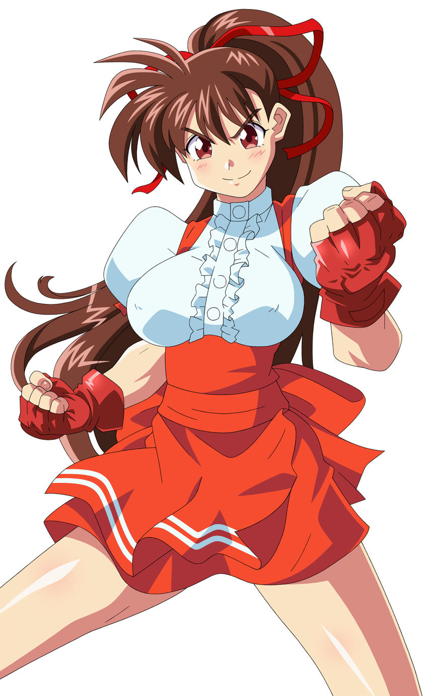 anna_miller blush bow brown_hair clenched_hand closed_mouth cowboy_shot fingerless_gloves gloves highres kuroi_ohagi long_hair looking_at_viewer orange_bow orange_skirt ponytail puffy_sleeves red_eyes red_gloves shiny shiny_skin skirt smile solo takeuchi_yuka variable_geo waitress white_background