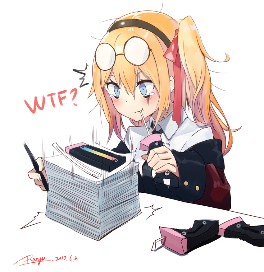 alternate_costume alternate_hairstyle blonde_hair drinking_straw english eyewear_on_head gameplay_mechanics girls_frontline glasses headband highres juice_box kalina_(girls_frontline) paperwork ranyu shocked_eyes solo tears