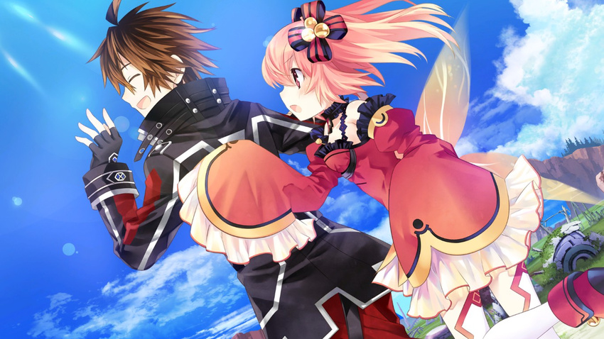 1girl alyn_(fairy_fencer_f) bare_shoulders blush brown_hair closed_eyes fairy_fencer_f fang_(fairy_fencer_f) frills game_cg official_art open_mouth red_eyes red_hair skirt tsunako twintails