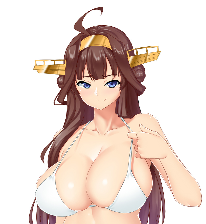 blue_eyes breasts brown_hair highres kantai_collection kongou_(kantai_collection) large_breasts long_hair looking_at_viewer mokkori9 simple_background smile solo swimsuit upper_body white_background