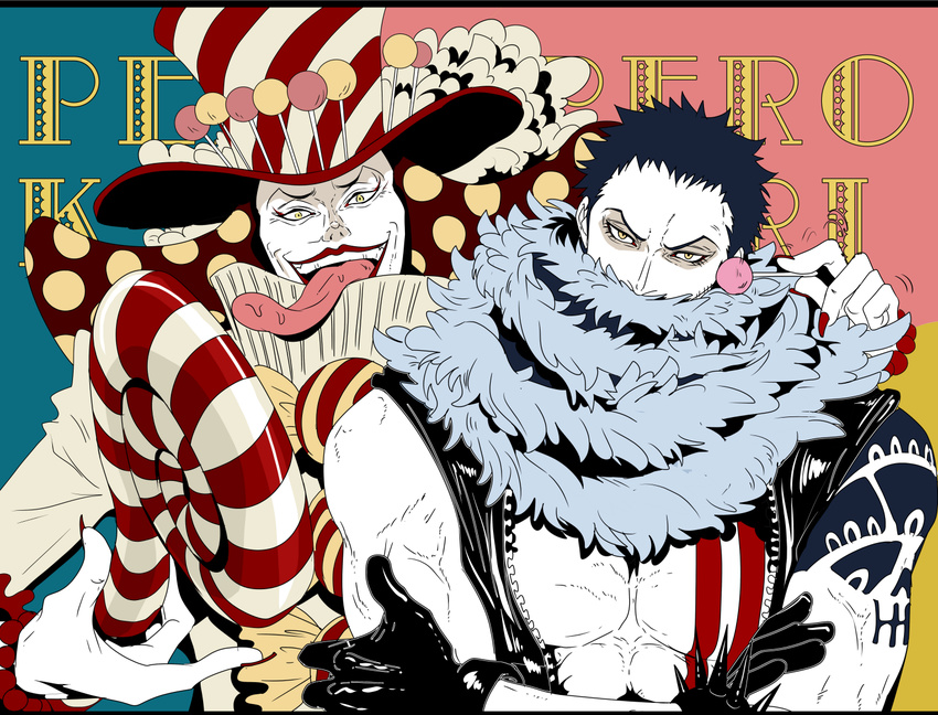 abs arm_around_neck bare_arms bare_chest bare_shoulders biceps biliken black_hair brothers candy candy_cane character_name charlotte_katakuri charlotte_perospero chest commentary_request covered_mouth crossed_arms evil_smile fingernails food gloves hat high_collar holding holding_lollipop latex latex_gloves lollipop long_fingernails long_sleeves long_tongue looking_at_viewer male_focus manly multiple_boys muscle nail_polish one_piece open_clothes open_mouth open_vest polka_dot red_nails scar scarf scarf_over_mouth serious sharp_fingernails shiny shiny_clothes shirtless short_hair siblings sleeveless smile spikes stitches sweets tattoo tongue top_hat unzipped upper_body very_short_hair vest white_skin yellow_eyes