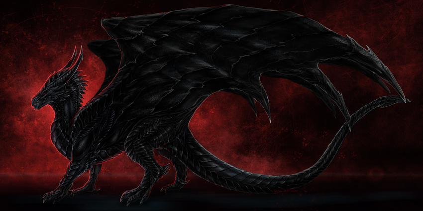 black_scales claws detailed_scales digital_media_(artwork) dragon feral horn isvoc membranous_wings nude red_background red_eyes scales scalie simple_background solo standing western_dragon wings
