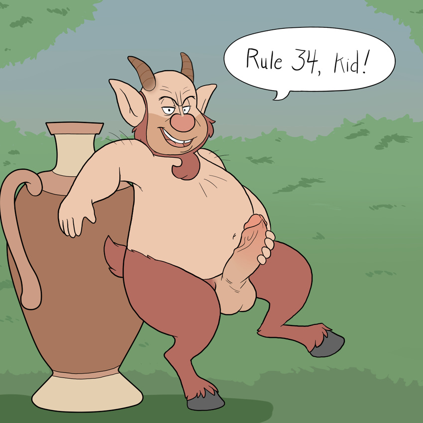 balls belly blueballs dialogue english_text erection facial_hair goatee grass grin hercules_(series) holding_penis hooves horn looking_at_viewer male navel penis phil pot_(disambiguation) satyr smile solo text