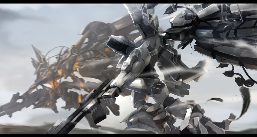 armored_core:_for_answer armored_core:_verdict_day feathers flying gun highres mecha mechanical mono_(jdaj) n-wgix/v no_humans rifle weapon white_glint