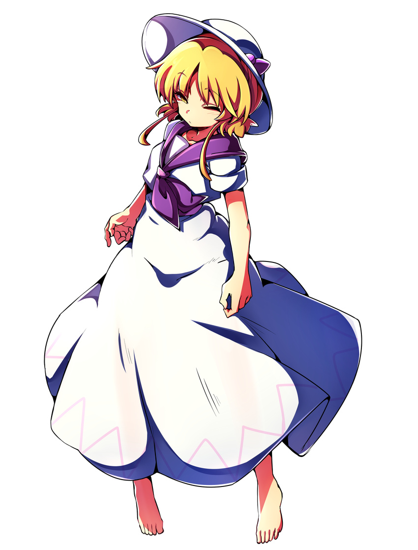 absurdres baba_(baba_seimaijo) barefoot blonde_hair commentary_request dress full_body hat hat_ribbon highres luize one_eye_closed ribbon short_hair solo tachi-e touhou touhou_(pc-98) transparent_background yellow_eyes