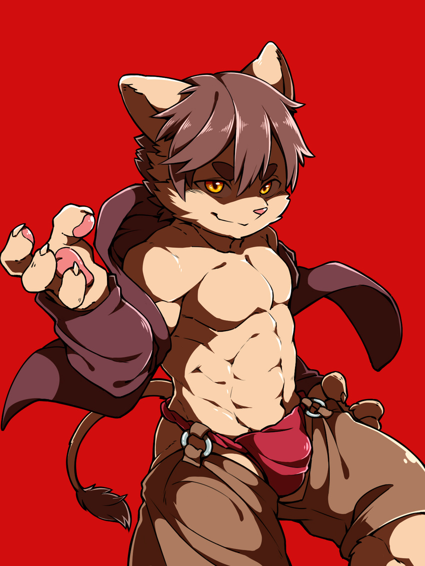 4_fingers brown_fur brown_hair bulge clothing crotchless_chaps feline fundoshi fur hair japanese_clothing lion male mammal muscular open_jacket orange_eyes pink_nose simple_background underwear wolfsoul