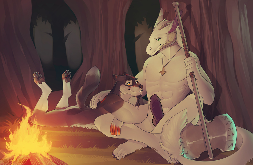 anthro axe canine dragon duo erection facial_hair fire forest fur goatee hair horn jewelry knot male mammal melee_weapon muscular necklace nude sitting smile tree v-i weapon