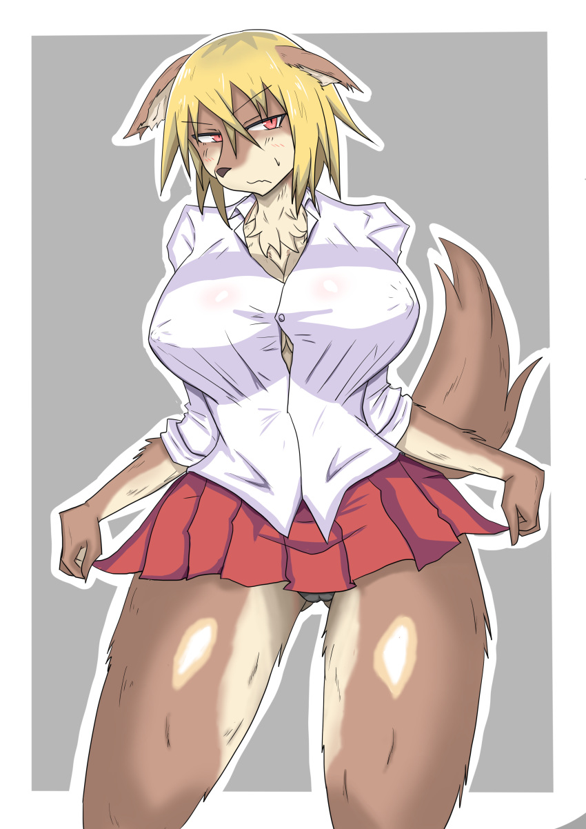 absurd_res anthro blonde_hair blush breasts brown_fur butt camel_toe canine chest_tuft clothed clothing clothing_lift female fluffy fluffy_tail front_view fur hair hi_res looking_aside looking_away mammal miniskirt nipple_bulge panty_peek red_eyes skirt skirt_lift standing toycoo6 tuft underwear