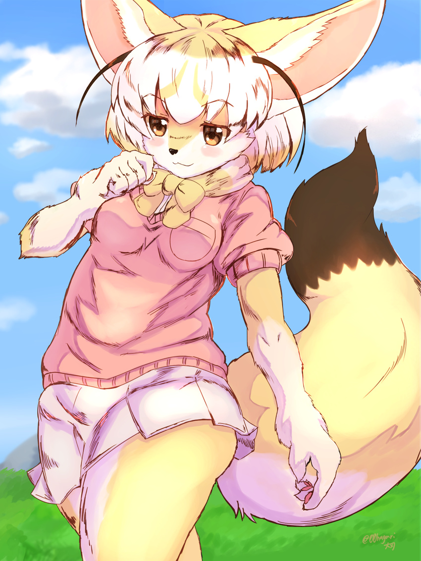 5_fingers alternate_species anthro bangs big_ears black_nose blonde_hair blue_sky blush bow_tie breasts brown_fur brown_tail butt canine clothing cloud countershade_face countershading crossed_legs daiha day detailed_background digital_media_(artwork) elbow_tufts female fennec fennec_fox_(kemono_friends) fox fur furrification gloves_(marking) grass hair hair_between_eyes hand_to_face inner_ear_fluff kemono kemono_friends looking_away mammal markings miniskirt mouth_closed multicolored_hair orange_eyes outside pawpads pink_pawpads pink_shirt pleated_skirt portrait raised_eyebrows raised_tail shirt short_sleeves signature skirt sky small_breasts smile solo thick_tail three-quarter_portrait tuft undershirt walking white_countershading white_fur white_hair white_shirt white_skirt white_tail yellow_fur yellow_tail