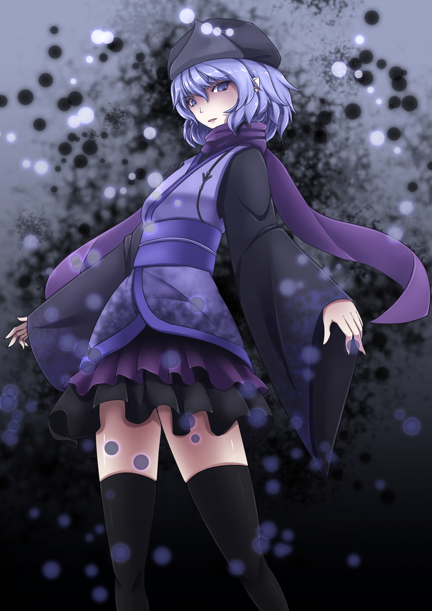 commentary_request dark_persona empty_eyes eyebrows_visible_through_hair highres inyuppo japanese_clothes kimono lavender_eyes lavender_hair letty_whiterock pale_skin parted_lips pointy_ears scarf shaded_face short_kimono skirt snow thighhighs touhou wide_sleeves