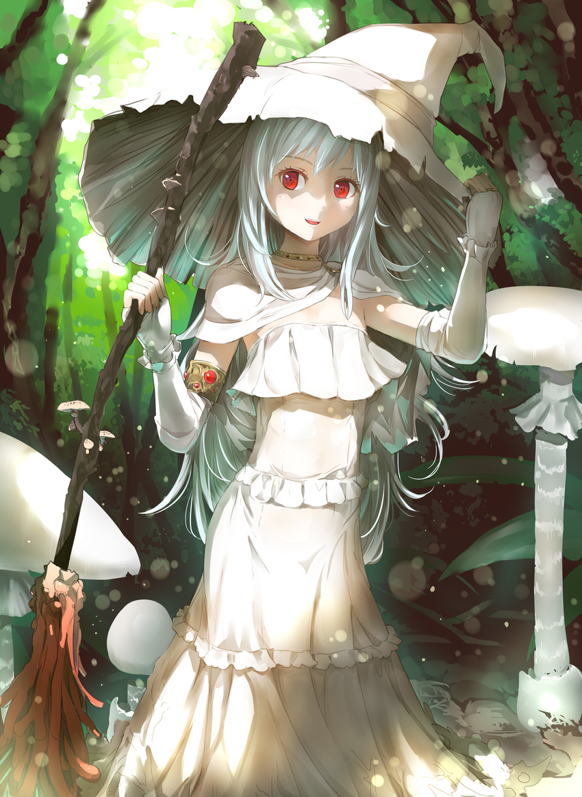 absurdres adjusting_clothes adjusting_hat amanita_virosa blush collarbone culter detached_sleeves eyebrows_visible_through_hair fingerless_gloves gloves hat highres long_hair long_sleeves looking_at_viewer mushroom open_mouth original personification red_eyes smile teeth white_gloves white_hair white_hat witch_hat