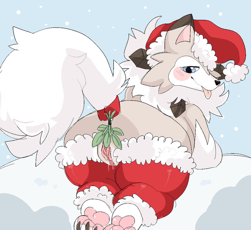 blue_eyes blush canine christmas female hexeix holidays lycanroc mammal midday_lycanroc mistletoe nintendo paws plant pok&eacute;mon pussy pussy_juice seductive simple_background snow solo tongue tongue_out video_games