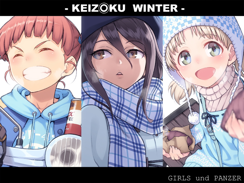 aki_(girls_und_panzer) bad_id bad_pixiv_id beret black_hair blonde_hair breath brown_eyes can closed_eyes food girls_und_panzer green_eyes grin hat hood hoodie long_hair mika_(girls_und_panzer) mikko_(girls_und_panzer) multiple_girls orange_hair pairan scarf short_hair short_twintails smile sweater sweet_potato turtleneck turtleneck_sweater twintails