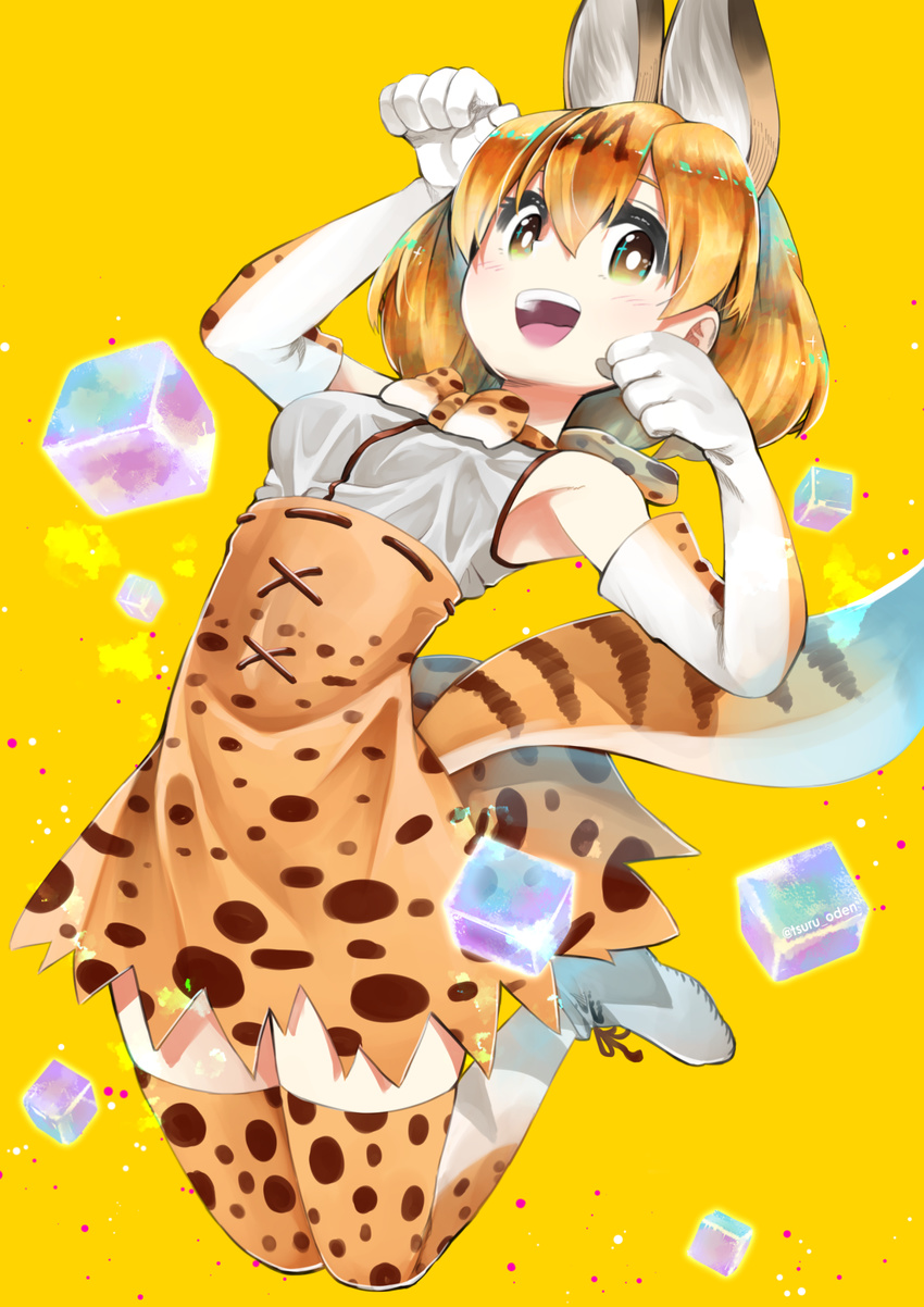 :d animal_ears armpits arms_up artist_name bangs bow bowtie breasts brown_eyes brown_skirt clenched_hand commentary_request elbow_gloves extra_ears gloves hair_between_eyes high-waist_skirt highres kemono_friends looking_at_viewer open_mouth pawoo_username print_gloves print_neckwear rainys_bill ribbon-trimmed_skirt ribbon_trim round_teeth serval_(kemono_friends) serval_ears serval_print serval_tail shirt shoes skirt sleeveless sleeveless_shirt small_breasts smile striped_tail tail teeth thighhighs tongue twitter_username white_shirt yellow_background zettai_ryouiki