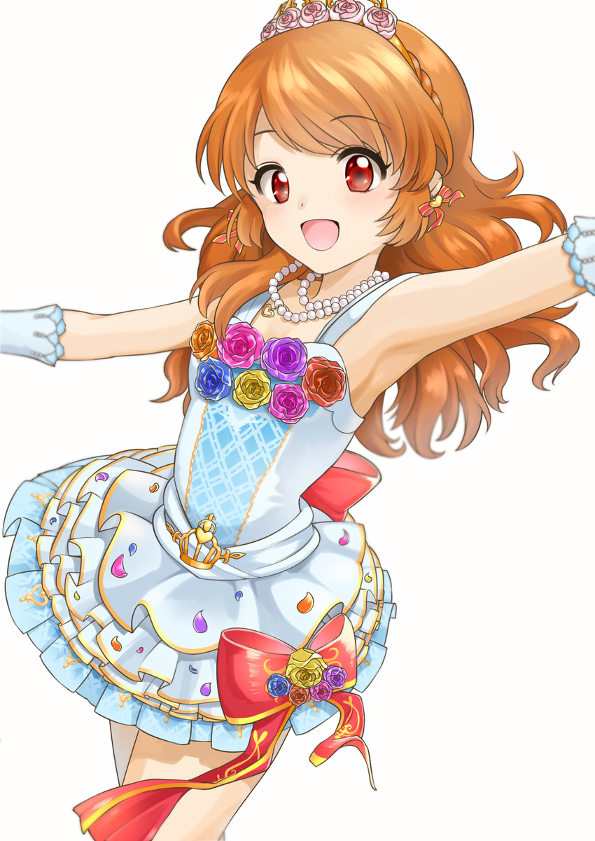 absurdres aikatsu! aikatsu!_(series) alternate_costume alternate_hairstyle armpits bare_shoulders blush bow brown_hair commentary_request cowboy_shot daifuki dress gloves highres jewelry long_hair looking_at_viewer necklace oozora_akari open_mouth outstretched_arms red_eyes smile solo spread_arms tiara white_gloves