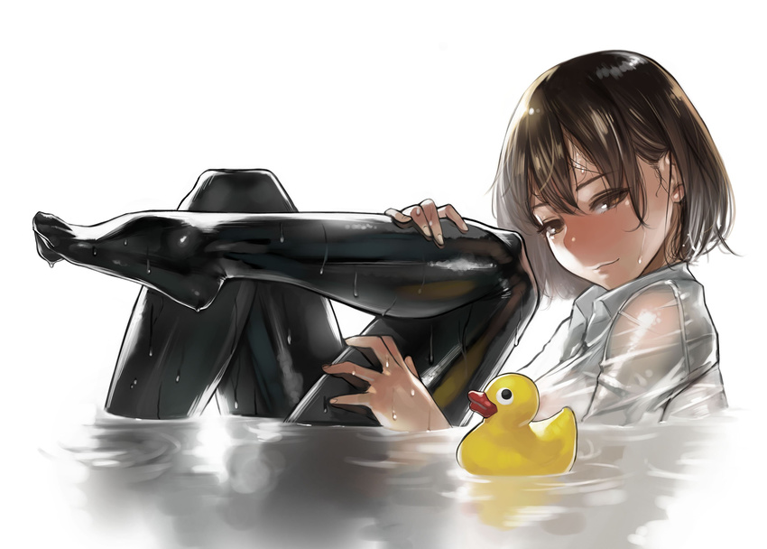 black_legwear blouse brown_eyes brown_hair from_side hair_between_eyes highres leg_grab leg_lift legs lips looking_at_viewer original pantyhose partially_submerged rubber_duck see-through shiny shiny_clothes short_hair simple_background solo water wet wet_clothes wet_pantyhose white_blouse yomu_(sgt_epper)
