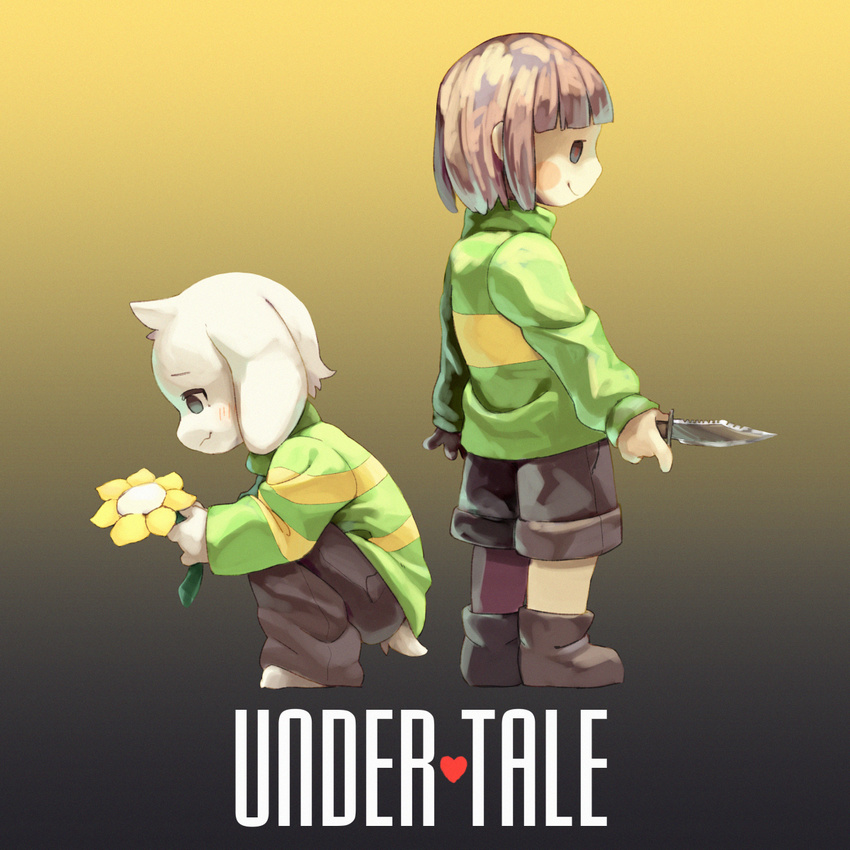 ambiguous_gender anthro asriel_dreemurr boss_monster caprine chara_(undertale) clothing cub duo flower goat human knife male mammal numuya plant shorts sitting standing undertale video_games young