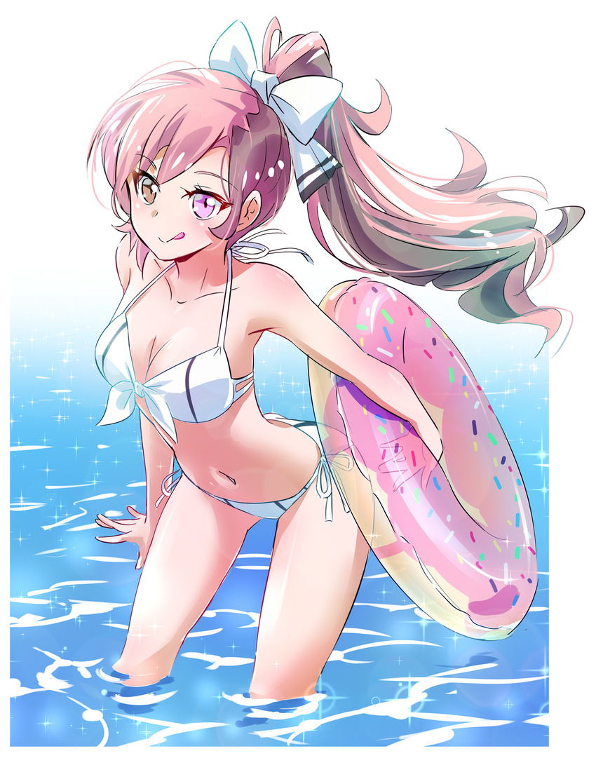 bikini bow breasts brown_eyes brown_hair cleavage commentary_request doughnut_innertube front-tie_top hair_bow heterochromia highres iesupa innertube medium_breasts multicolored_hair navel neo_(rwby) pink_eyes pink_hair rwby side-tie_bikini smile swimsuit tongue tongue_out transparent wading water