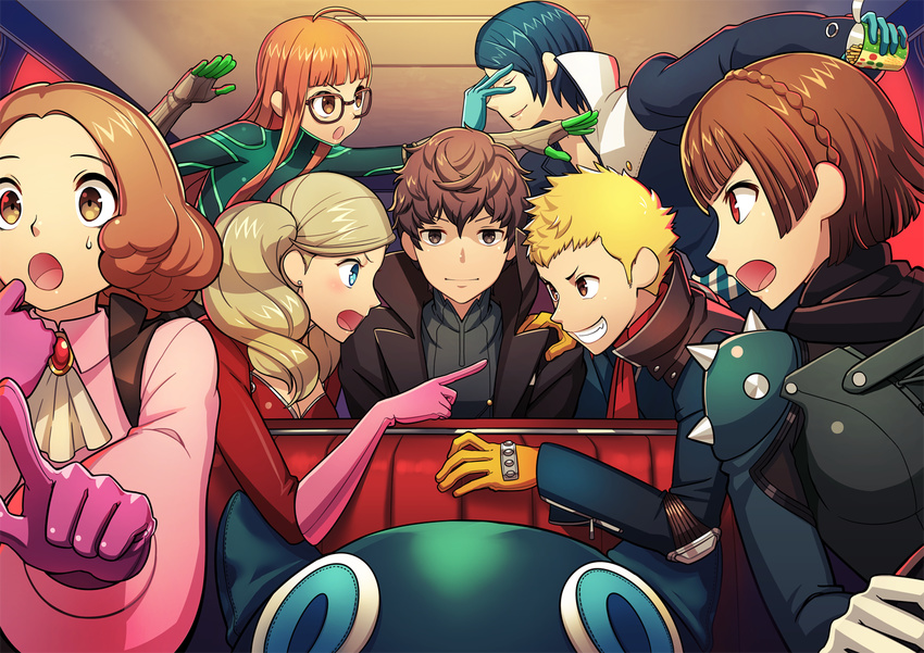 4girls amamiya_ren car_interior driving kitagawa_yuusuke morgana_(persona_5) multiple_boys multiple_girls niijima_makoto okumura_haru persona persona_5 sakamoto_ryuuji sakura_futaba stuffed_animal stuffed_toy takamaki_anne torio_(mocd1985)