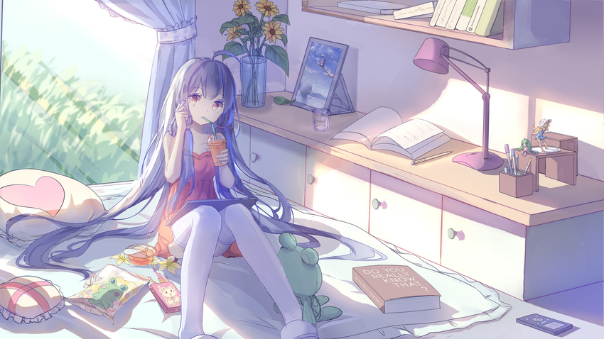 absurdres ahoge bad_id bad_pixiv_id bare_shoulders bed book collarbone drawer dress drink drinking figure flower food furniture graphite_(medium) heart highres lamp long_hair looking_at_viewer mirror pale_skin pen pillow pocky purple_hair room shelf sitting sketch sleeveless solo stuffed_animal stuffed_frog stuffed_toy sweets thighhighs traditional_media very_long_hair vocaloid window xingchen yue_yue