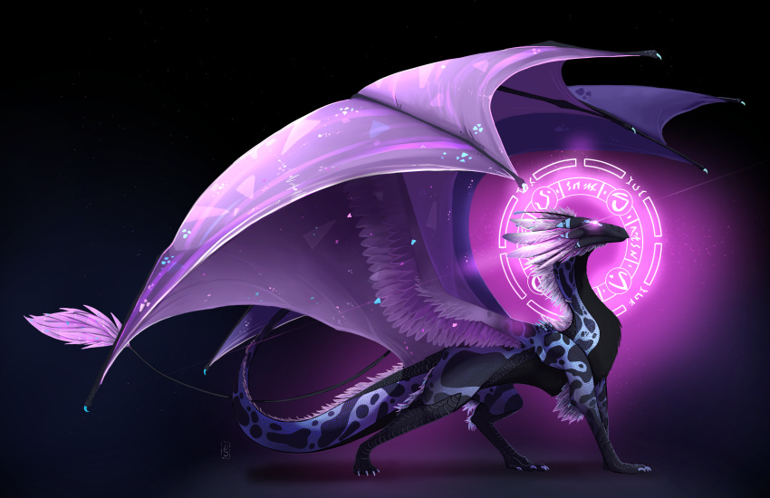 2019 ambiguous_gender black_scales blue_scales claws detailed_scales deviant-soulmates digital_media_(artwork) dragon feathered_dragon feathers feral flight_rising membranous_wings scales scalie simple_background skydancer_dragon solo standing western_dragon wings