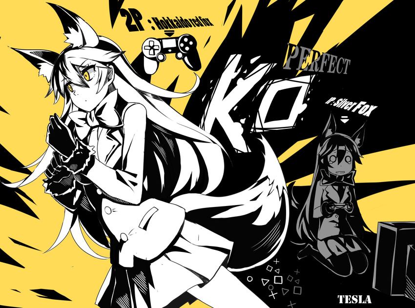 animal_ears blazer bow bowtie character_name circle closed_mouth directional_arrow english ezo_red_fox_(kemono_friends) fox_ears fox_tail fur_trim gloves hair_between_eyes highres holding jacket kemono_friends long_hair long_sleeves looking_away monochrome multiple_girls necktie number o_o pantyhose parted_lips playstation_controller qihai_lunpo seiza silver_fox_(kemono_friends) sitting skirt spot_color square tail tears television triangle very_long_hair yellow_eyes