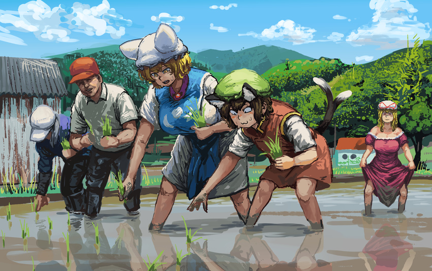 3girls :d animal_ears bangs bare_shoulders baseball_cap black_eyes black_pants blonde_hair blush breasts brown_hair building cat_ears cat_tail chanta_(ayatakaoisii) chen cleavage closed_mouth cloud collared_shirt commentary_request day dirty_clothes dress extra_ears eyebrows_visible_through_hair farmer farming green_hat grey_hair hat hat_ribbon highres holding large_breasts leaning_forward long_sleeves mob_cap mountain mud multiple_boys multiple_girls multiple_tails nature open_mouth outdoors pants purple_dress red_eyes red_hat red_ribbon reflection ribbon rice_planting shirt short_hair short_sleeves sidelocks skirt_hold sleeves_rolled_up smile standing sweat tabard tail touhou tree two_tails wading white_dress white_hat white_shirt yakumo_ran yakumo_yukari yellow_eyes