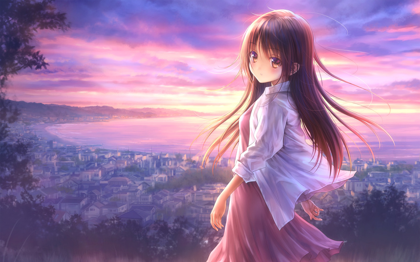 blush brown_eyes brown_hair dress dusk floating_hair goto_p highres jacket long_hair long_long_love_song open_clothes open_jacket outdoors parted_lips pink_dress solo very_long_hair white_jacket