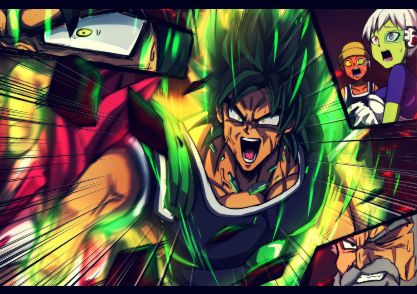 1girl 4boys anger_vein armor aura beard black_eyes black_hair broly_(dragon_ball_super) character_request cheelai chinese_commentary clenched_teeth collarbone commentary_request constricted_pupils dragon_ball_super_broly emphasis_lines facial_hair green_skin grey_hair hat koissa multiple_boys mustache one_eye_closed open_mouth orange_skin pink_eyes red_eyes red_hair scar scouter short_sleeves silver_hair son_gokuu sweat teeth upper_body v-shaped_eyebrows yellow_eyes yellow_hat yellow_sclera