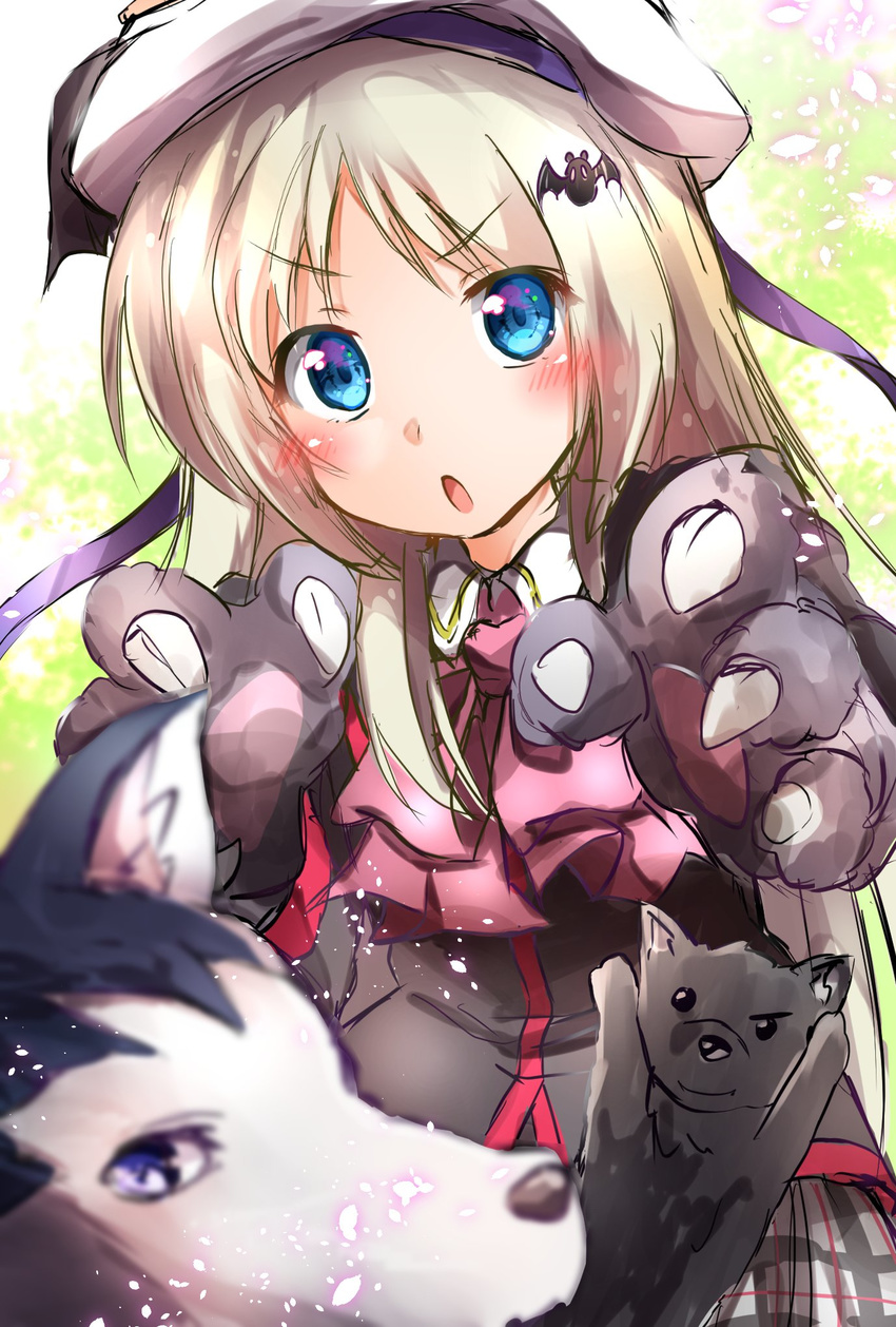bat_hair_ornament belka blue_eyes bow ca2la cape dog gloves hair_ornament hat highres little_busters! long_hair looking_at_viewer noumi_kudryavka open_mouth paw_gloves paws pink_bow plaid plaid_skirt school_uniform silver_hair skirt strelka