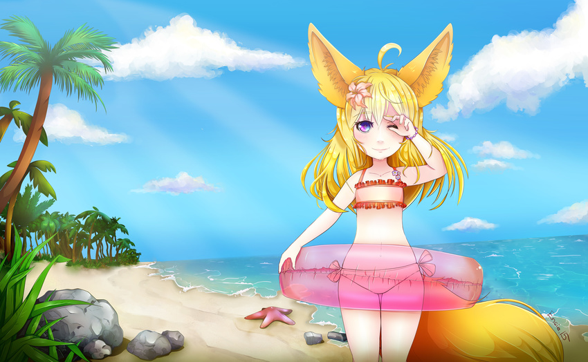 absurdres animal_ears arm_up artist_request beach bikini blonde_hair cloud day elin_(tera) flower fox_ears fox_tail hair_flower hair_ornament highres innertube long_hair navel ocean one_eye_closed outdoors palm_tree purple_eyes shading_eyes sky smile solo swimsuit symbol-shaped_pupils tail tera_online tree