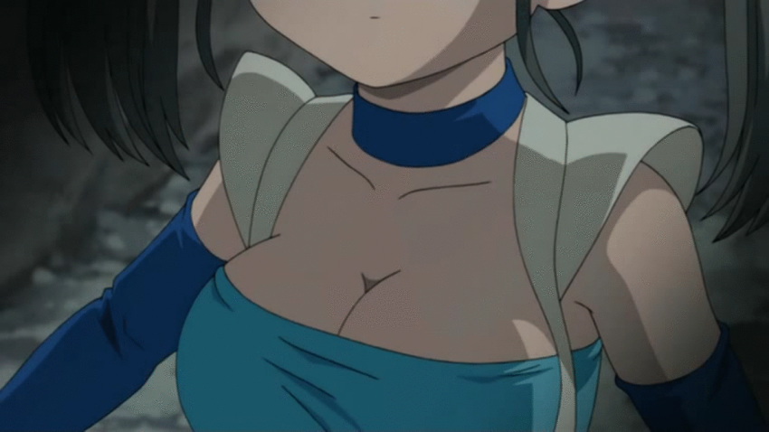 animated animated_gif black_hair blue_dragon bouquet_(blue_dragon) breasts cleavage collar gloves large_breasts screencap strapless tubetop twintails undressing