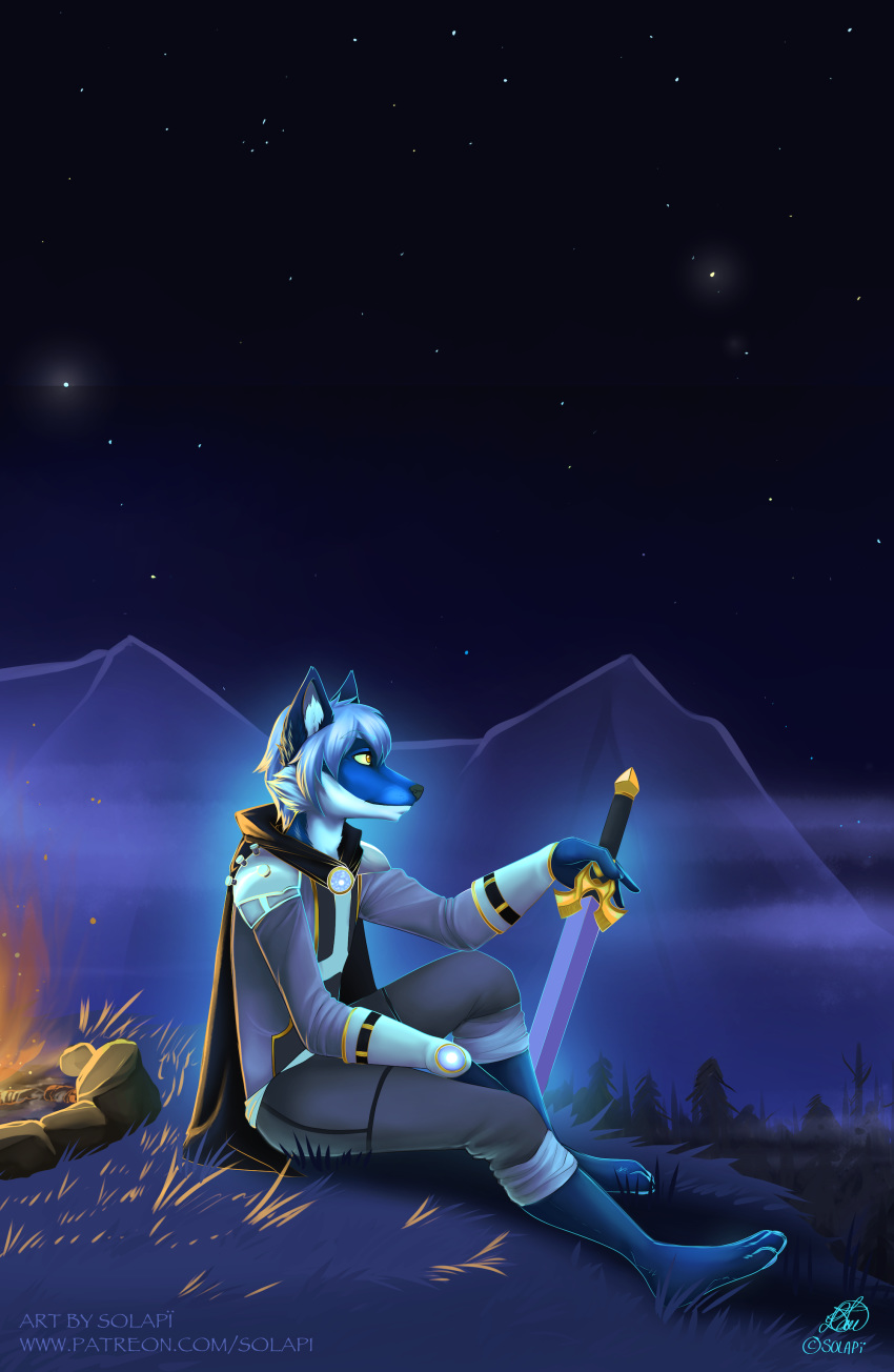 campfire canid canine fox male mammal melee_weapon mountain night solapi_(artist) solo star sword weapon