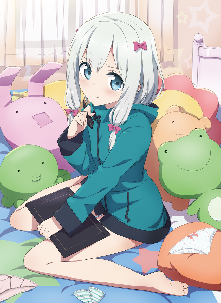 3: bare_legs barefoot bed bed_sheet bedroom blue_eyes blush book bow bow_panties eromanga_sensei gochou_(atemonai_heya) hair_bow hair_ribbon highres holding holding_book hood hooded_jacket indoors izumi_sagiri jacket long_hair looking_at_viewer panties panties_removed pink_panties polka_dot polka_dot_panties ribbon sidelocks silver_hair sitting solo striped striped_panties underwear v-shaped_eyebrows white_panties