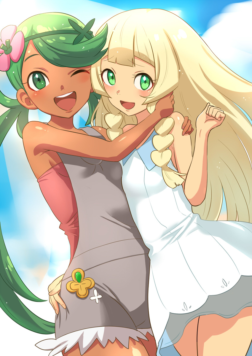 :d ;d blonde_hair blush braid cloud dark_skin day dutch_angle flower green_eyes green_hair hair_flower hair_ornament highres hug lillie_(pokemon) long_hair looking_at_viewer mao_(pokemon) multiple_girls mumu one_eye_closed open_mouth overalls pokemon pokemon_(game) pokemon_sm skirt sky smile twin_braids